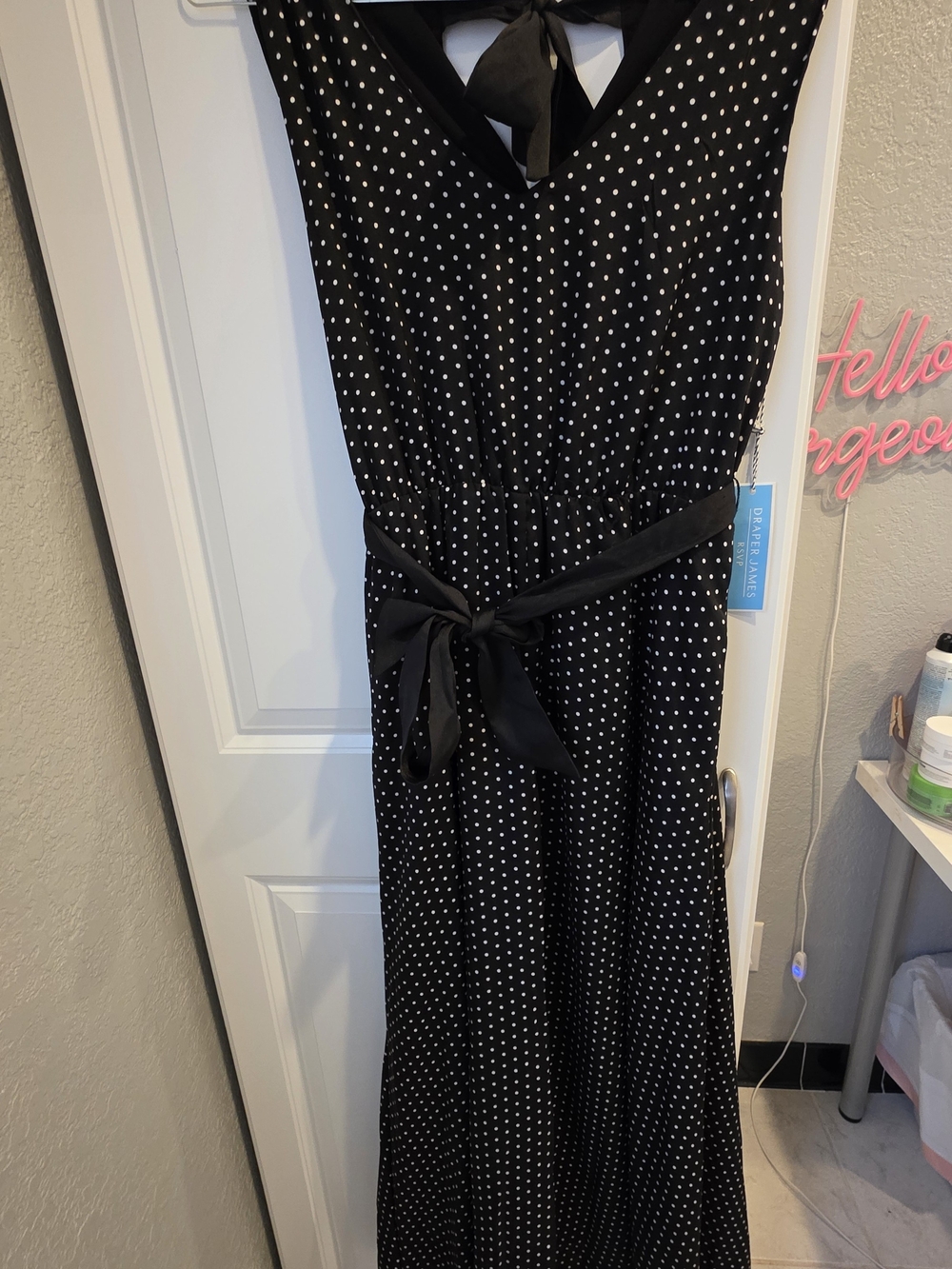 Draper James Black Maxi Dress with White Polka Dots and Waist Tie